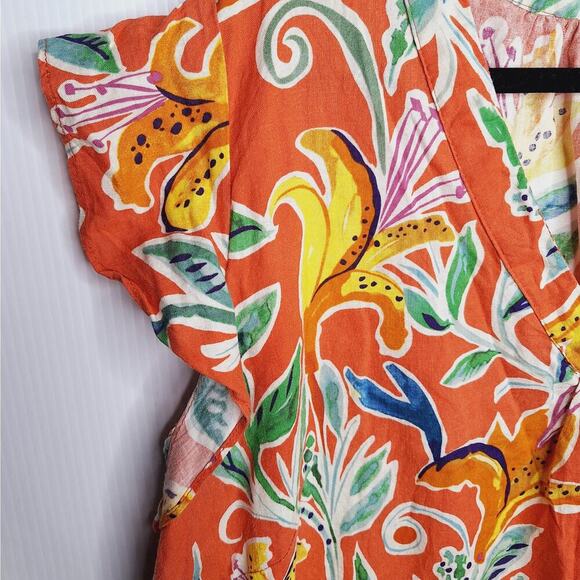 Rachel Rachel Roy Linen Floral Top 2X Popover Tiger Lily Flutter Sleeve V-neck - Picture 4 of 9